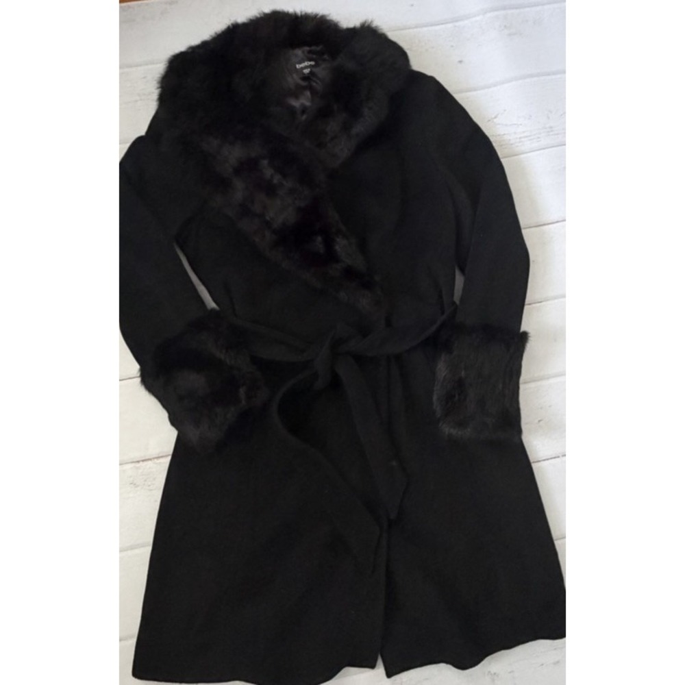 Bebe Luxury Rabbit Fur Black Coat Spring Trench, Angora, Wool, Fur, Size Large